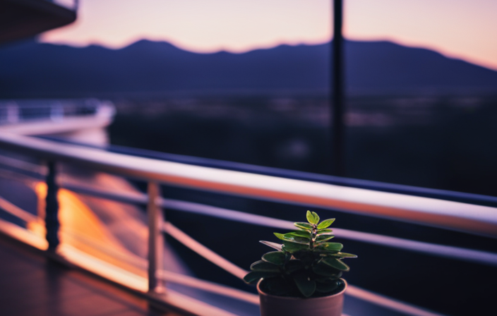 An image of a serene cruise ship balcony at sunset, with a discreet passenger exhaling a thin trail of smoke from a hidden vaporizer, framed by lush potted plants for added privacy