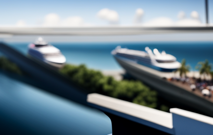 An image depicting a pristine coastline, framed by a luxurious cruise ship docked at a state-of-the-art terminal, surrounded by eager travelers, as captains and crew members exchange friendly waves and embark on an exciting journey