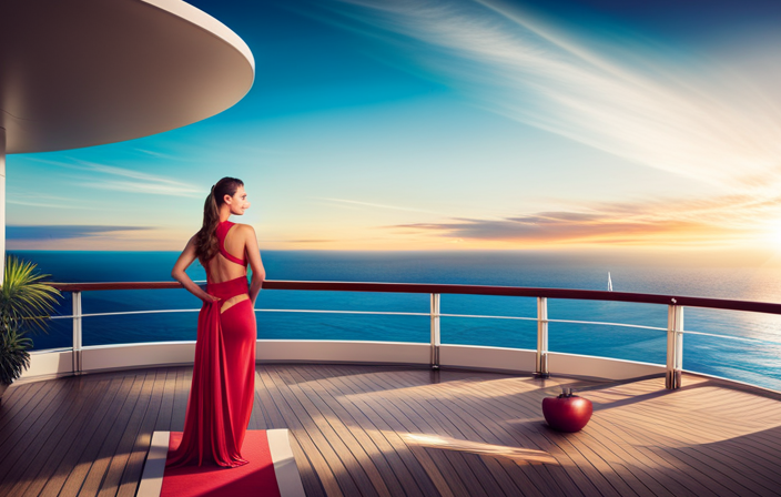 An image showcasing a serene cruise ship deck with a vibrant fruit platter, a yoga mat by the pool, a jogging track, and a spa, emphasizing the diverse options for staying fit and healthy onboard
