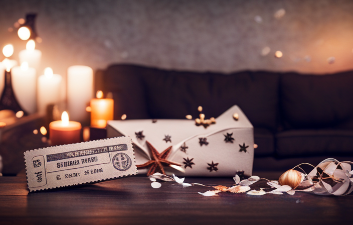 An image showcasing a cozy living room adorned with nautical decorations, a hidden cruise ticket tucked inside a seashell-shaped box on the coffee table, surrounded by scattered confetti and streamers