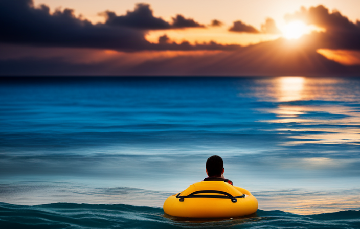 An image depicting a vast expanse of deep turquoise water, with a lone figure wearing a life jacket, floating on a small yellow life raft, surrounded by a breathtaking sunset and distant silhouette of a massive cruise ship