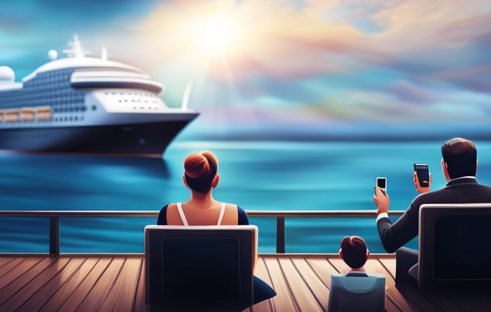 An image that showcases a serene cruise ship deck with passengers casually lounging, engrossed in their smartphones, while a WiFi symbol hovers above the ship, symbolizing free and seamless text communication