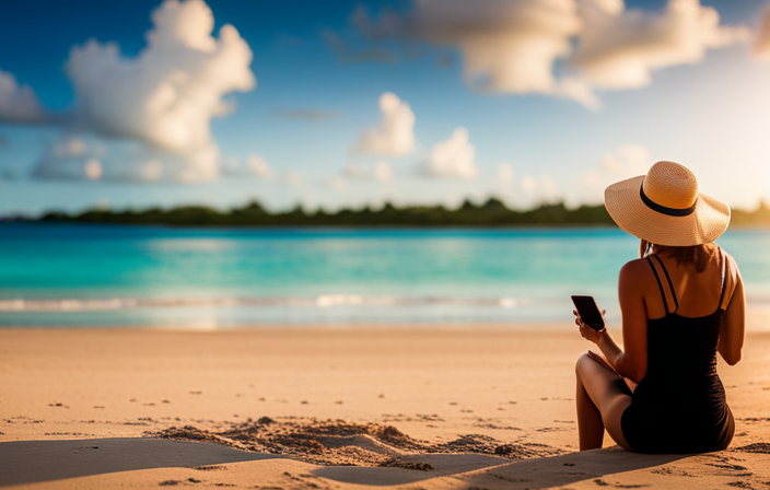 An image of a tranquil Caribbean beach with crystal-clear turquoise waters, where a passenger on a luxurious Carnival Cruise ship enjoys the breathtaking view while effortlessly texting on their smartphone, showcasing the seamless connectivity available onboard