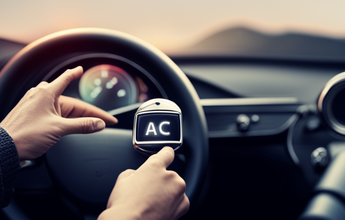 An image showcasing a driver's hand reaching towards a car's steering wheel with an illuminated "ACC" button, while a finger gently presses it to deactivate the adaptive cruise control system