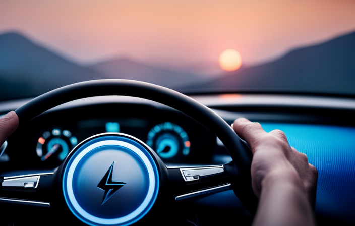 An image that showcases the process of activating Blue Cruise in a Mach E: A hand effortlessly pressing the dedicated Blue Cruise button on the steering wheel, while the vibrant blue cruise control icon illuminates on the car's dashboard