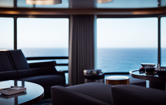 An image showcasing a luxurious cabin on a Norwegian Cruise, adorned with plush bedding, floor-to-ceiling windows overlooking the ocean, a private balcony with chic furniture, and a sparkling bathroom with a Jacuzzi tub