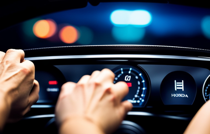 A visually captivating image showcasing a Honda Civic's dashboard with the cruise control buttons prominently displayed, a serene road stretching ahead through a car windshield, and a content driver's hand gently resting on the steering wheel