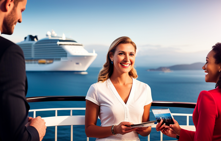An image showcasing a person happily booking their dream cruise using NCL Future Cruise Credit, with a laptop displaying the NCL website, a smiling customer service representative assisting them, and a calendar marking the chosen travel dates