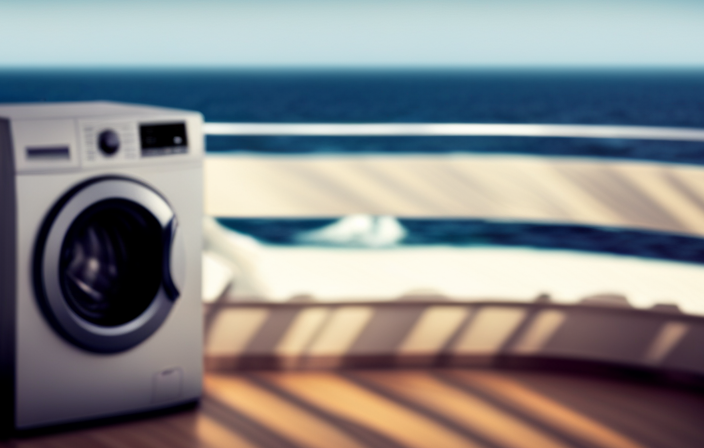 An image depicting a serene cruise ship deck with a washing machine tucked away in a discreet corner