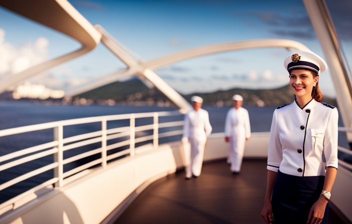 An image showcasing a vibrant cruise ship deck bustling with crew members in crisp uniforms, diligently attending to various tasks