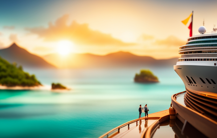An image that showcases a majestic cruise ship sailing through turquoise waters, surrounded by lush tropical islands