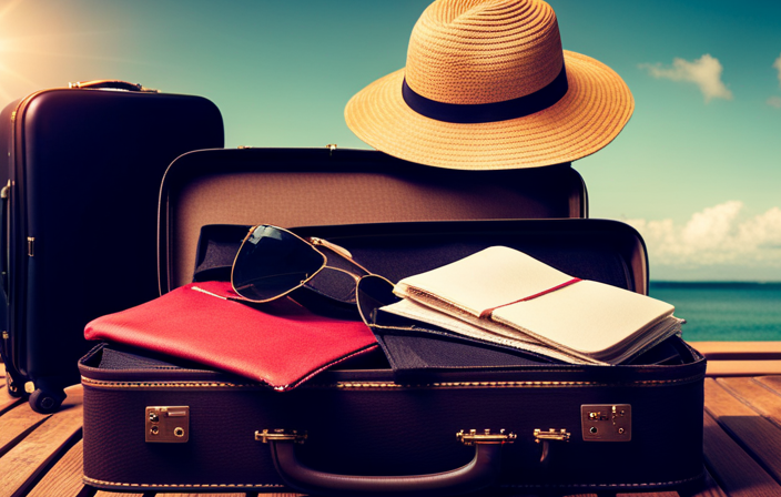 An image showcasing a perfectly packed cruise suitcase: colorful tropical attire neatly folded and stacked, toiletries organized in a clear pouch, a sun hat and sunglasses elegantly placed on top, and a compact travel guide peeking out