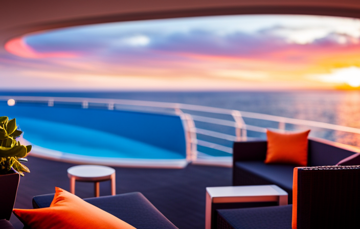 An image showcasing the breathtaking sunset from the Celebrity Equinox's top deck, with vibrant hues of orange and pink painting the sky, casting a warm glow on the luxurious poolside cabanas and stylishly dressed passengers