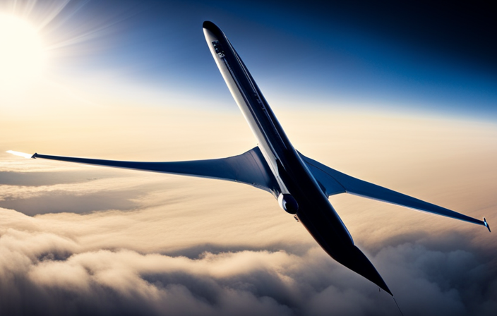 An image showing the Concorde soaring majestically through the stratosphere, distinguished by its distinct silhouette against the backdrop of deep blue skies