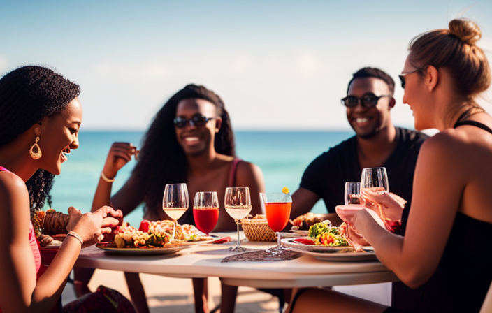 An image showcasing a diverse group of people dining together on a luxurious private island