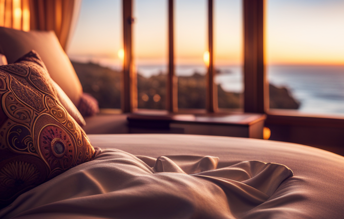 An image capturing the serene atmosphere of a Carnival Celebration cabin: a plush bed with soft, inviting pillows, warm ambient lighting, a personal balcony overlooking the ocean, and a cozy seating area for ultimate relaxation