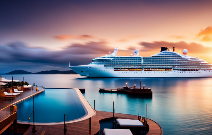 An image showcasing a luxurious cruise ship with sleek, modern design, surrounded by crystal-clear blue waters, adorned with vibrant sunbeds, and featuring a rooftop bar and infinity pool overlooking a breathtaking sunset