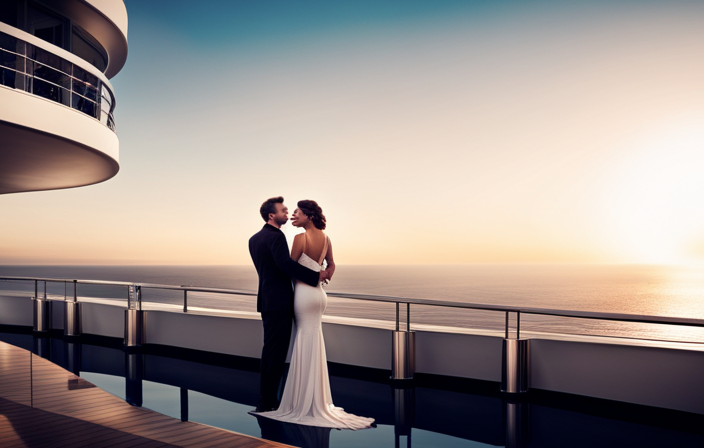 An image showcasing a gleaming, state-of-the-art cruise ship adorned with sleek, floor-to-ceiling windows, an expansive sundeck with plush loungers, and a glamorous infinity pool overlooking the vast ocean expanse