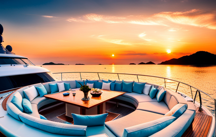 An image showcasing a luxurious yacht sailing in crystal-clear turquoise waters, surrounded by a picturesque tropical paradise