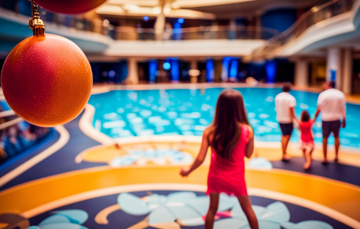 An image of a family joyfully exploring a Disney Cruise ship, surrounded by vibrant colors, sparkling pools, elaborate dining areas, and thrilling water slides, capturing the essence of magical moments and luxury