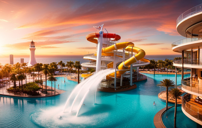 An image showcasing a vibrant water park on a cruise ship, with towering slides, splash pads, and children gleefully zooming down water slides, surrounded by colorful water cannons and a playful dolphin-shaped fountain