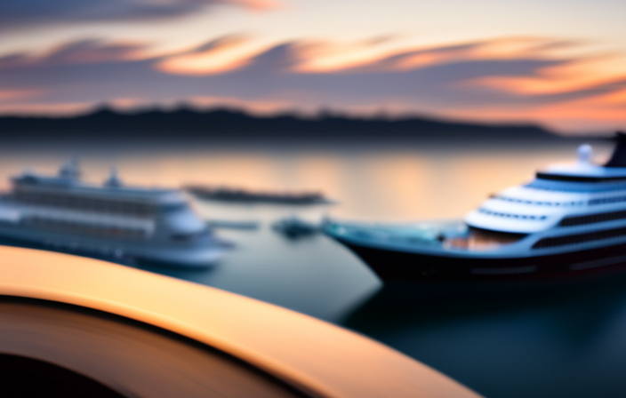 An image capturing the vibrant glow of a bustling port at dusk, with a majestic cruise ship towering over docked boats