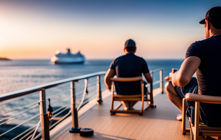 Depict a bustling cruise ship deck at sunrise, with crew members in crisp uniforms, diligently arranging deck chairs while a shimmering ocean stretches out, revealing palm-fringed islands in the distance