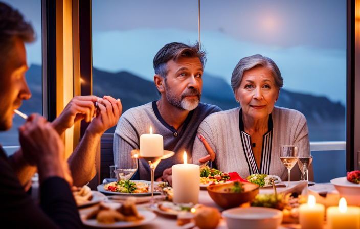An image capturing the contrasting emotions aboard the Norwegian Encore: a beaming couple savoring a gourmet meal at a candlelit table, while a disgruntled passenger peers through a foggy cabin window