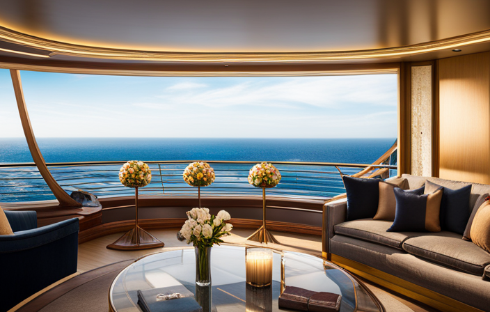 An image showcasing a spacious, opulent suite aboard a lavish big-ship cruise