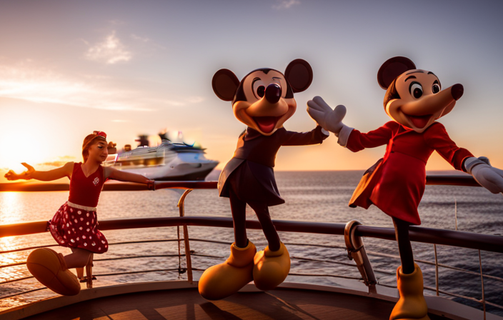 An image capturing the enchantment of Disney Cruise Line's magical character encounters: Mickey Mouse and friends dancing by the ship's pool, with beaming smiles, surrounded by vibrant confetti under a stunning sunset sky