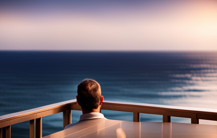 the essence of a nomadic lifestyle: A solitary man, surrounded by the vastness of the ocean, gazes wistfully from a balcony of his permanent home, a luxurious cruise ship, as waves dance beneath him