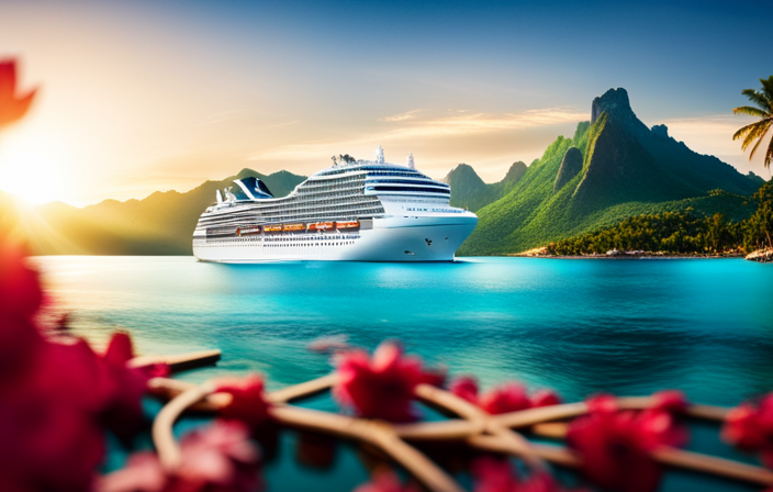 An image showcasing a vibrant cruise ship sailing in crystal blue waters with a backdrop of a picturesque tropical island, symbolizing the excitement and rewards of booking a Carnival Cruise through the new Amex offer