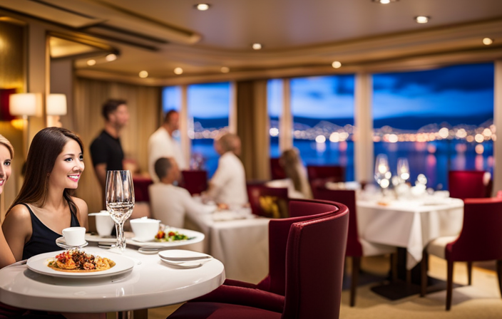 An image showcasing a vibrant dining room aboard an NCL cruise ship, filled with elegantly set tables, mouthwatering dishes, and smiling guests enjoying their meals