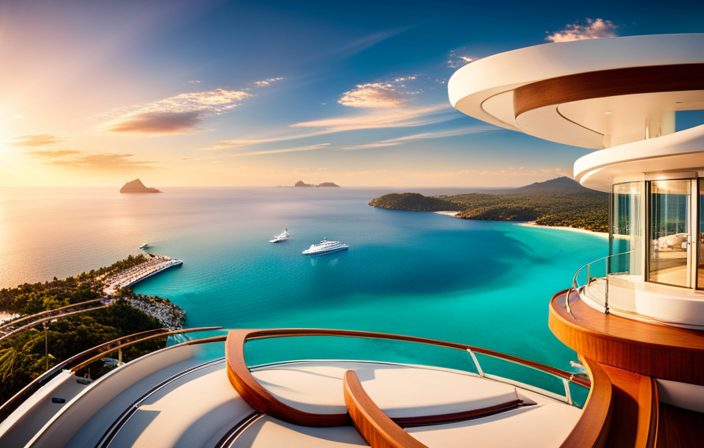 An image showcasing a luxurious Princess Cruise ship, gliding through crystal-clear turquoise waters, adorned with vibrant deck chairs, inviting pools, and panoramic views of breathtaking tropical islands in the distance