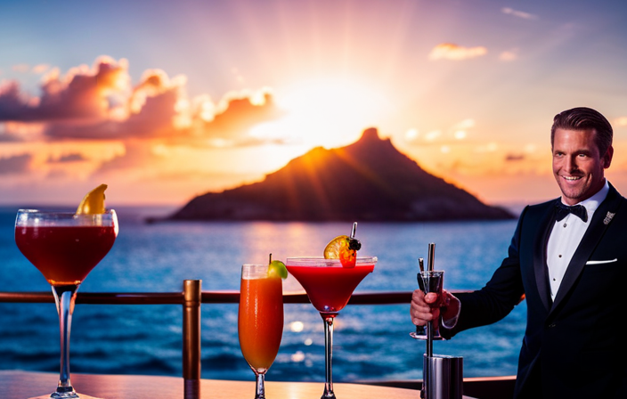 An image capturing the vibrant atmosphere aboard an Msc Cruise: A bartender effortlessly crafting colorful cocktails, dazzling performers on a grand stage, and crew members wearing welcoming smiles, all against a backdrop of gleaming ocean waves