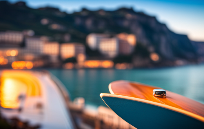 An image capturing the breathtaking sunset over the Amalfi Coast, as a luxurious cruise ship glides through crystal-clear turquoise waters, with vibrant colors reflecting off its sleek white exterior