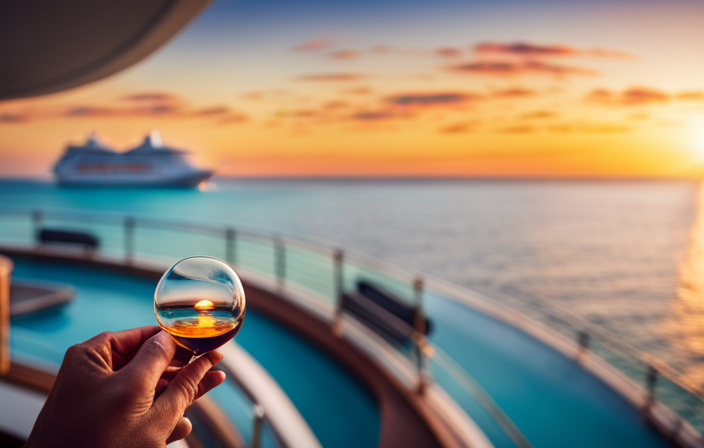 An image capturing the breathtaking moment as a glowing sunset paints the sky over the pristine turquoise waters, while a luxury cruise ship glides through, adorned with twinkling lights and elegant balconies