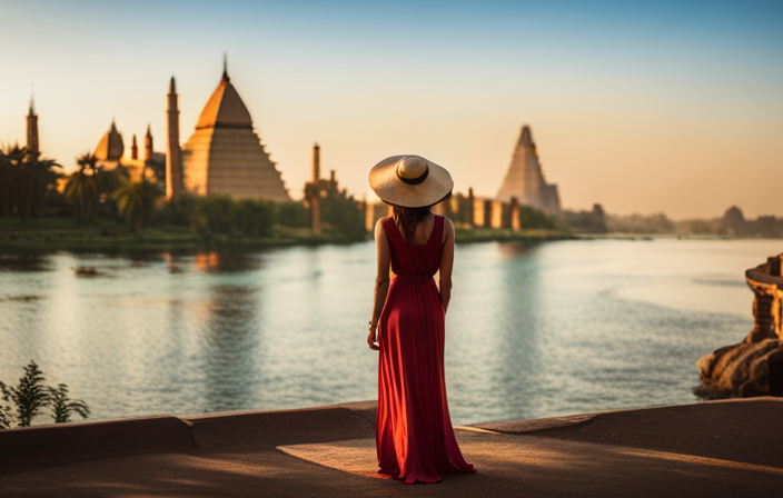 An image showcasing a stylish traveler on a Nile cruise, donning a wide-brimmed straw hat, flowing linen dress with vibrant Egyptian-inspired patterns, and comfortable sandals, while admiring the majestic river against a backdrop of ancient temples and lush greenery