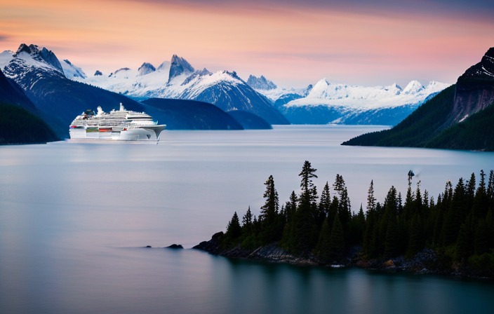 An image showcasing the majestic Norwegian Spirit and Norwegian Sun cruising through the pristine Alaskan waters, surrounded by towering snow-capped mountains, icy glaciers, and breaching humpback whales, capturing the essence of their remarkable Alaskan voyages