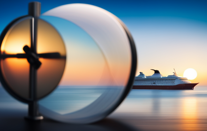 An image depicting a serene ocean sunset, with a cruise ship sailing on calm waters