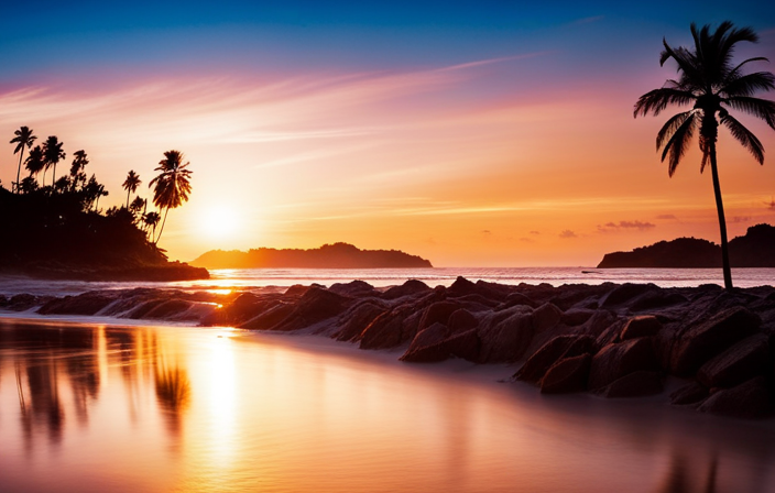 An image representing the smooth, laid-back vibe of Pablo Cruise's "What You Gonna Do" by showcasing a picturesque sunset beach scene with palm trees swaying gently, silhouetted against a colorful sky