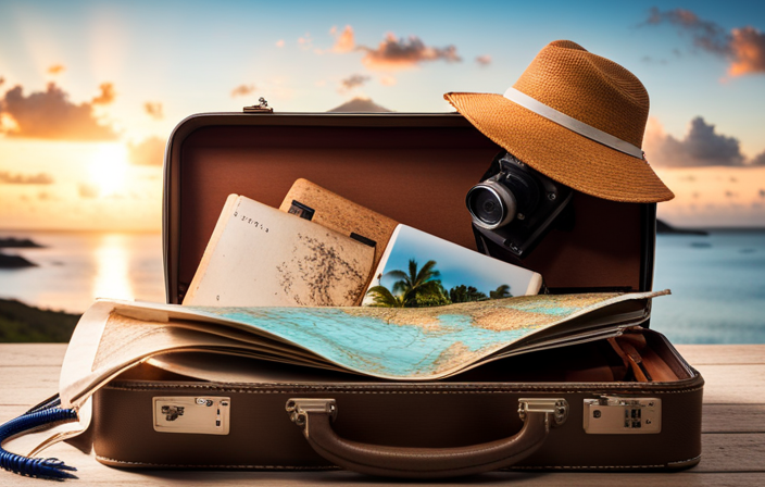 An image of a suitcase overflowing with colorful beach attire, a snorkel, a map, and a camera