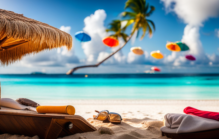 An image featuring a serene, palm-fringed beach at Princess Cays, adorned with vibrant beach umbrellas, crystal-clear turquoise waters, and a colorful array of snorkeling gear scattered on the powdery white sand