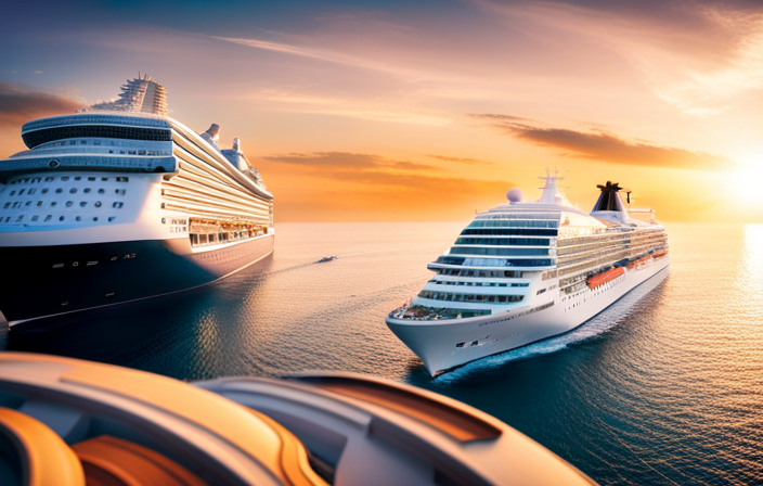 An image showcasing two majestic cruise ships, one adorned with elegant sophistication and the other exuding vibrant energy
