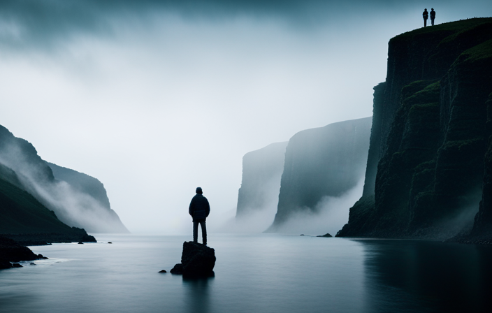 An image depicting a solitary figure standing on a rocky cliff, gazing longingly at a vast, untouched Icelandic landscape