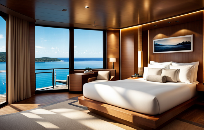 An image showcasing a luxurious cruise cabin with floor-to-ceiling windows, a plush king-sized bed adorned with elegant linens, a private balcony overlooking crystal-clear waters, and a spacious en-suite bathroom with a Jacuzzi tub