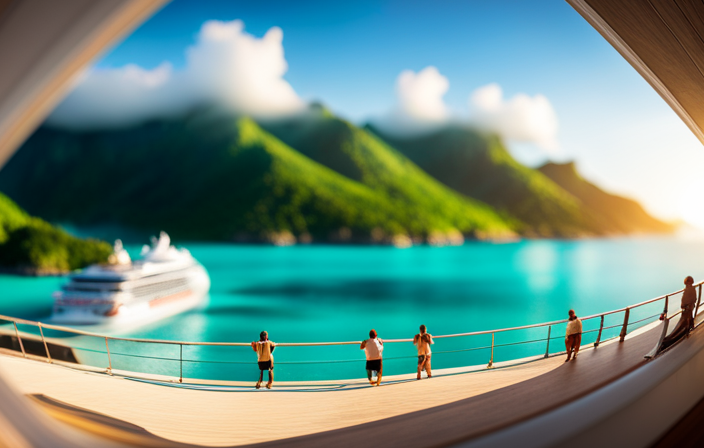 An image showcasing a serene cruise ship gliding through crystal-clear turquoise waters, surrounded by lush tropical islands