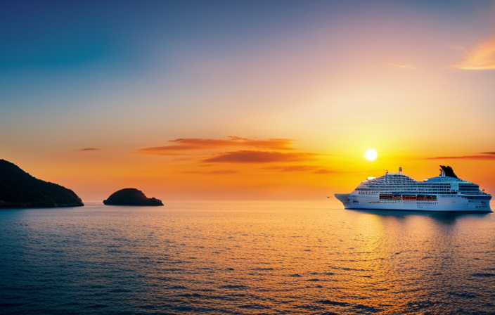 the essence of a captivating voyage aboard Norwegian Sun with a stunning image of the majestic ship gliding through crystal-clear turquoise waters, surrounded by lush tropical islands and bathed in the warm glow of a golden sunset