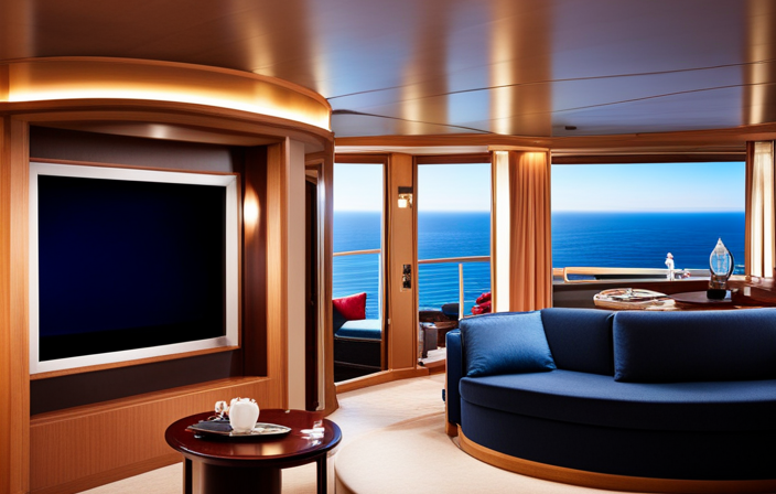 E showcasing two contrasting staterooms on a Carnival Cruise ship; on the left, a cozy and elegant interior room with plush furnishings, and on the right, a breathtaking balcony room with panoramic ocean views and a sun-kissed private seating area