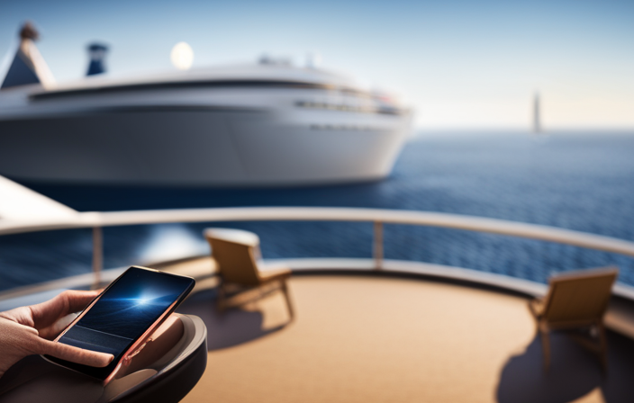 An image depicting a sunny deck of a cruise ship, with passengers happily chatting on their smartphones, as a satellite dish looms above, symbolizing the ship's advanced technology for seamless cell phone coverage and communication at sea